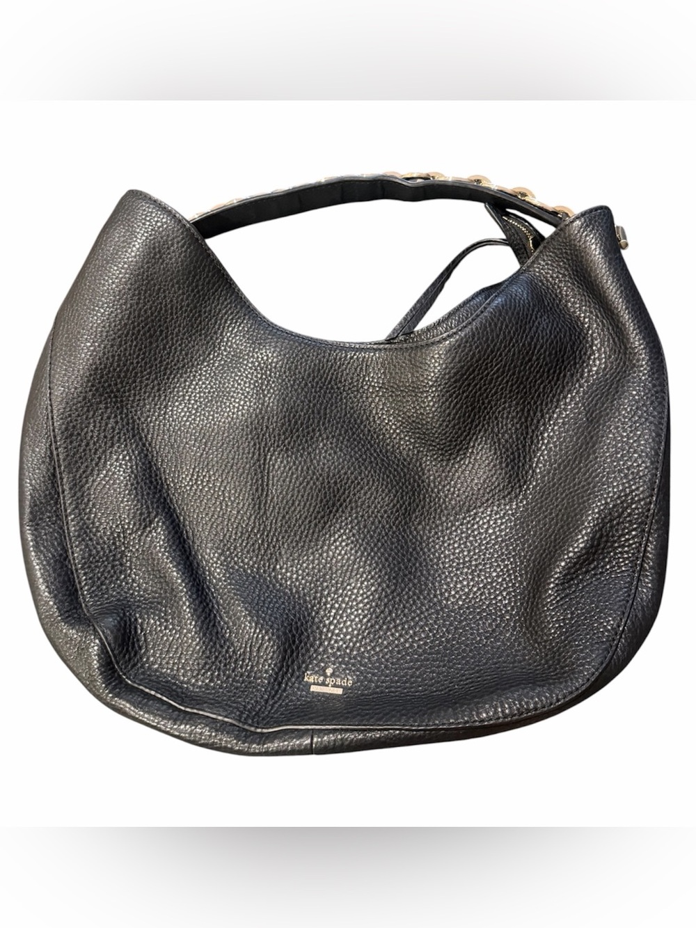 Kate Spade Black Pebbled Leather Shoulder Hobo Purse with Gold Chain Accent
